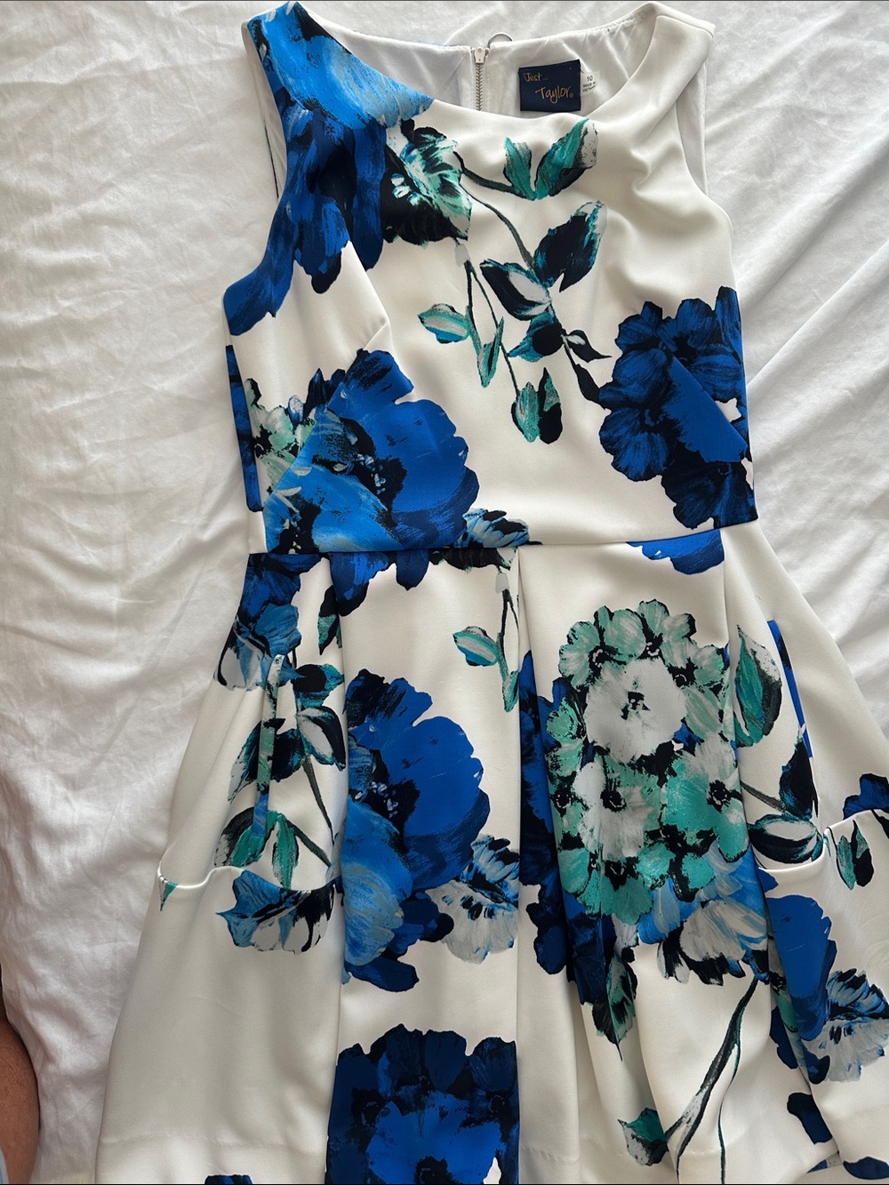 Taylor White Midi Dress with Blue & Teal Floral Print